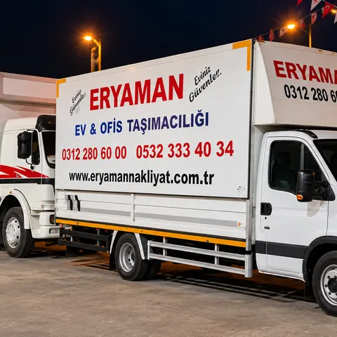 Gece yan yana park edilmiş iki Eryaman Nakliyat kamyonu