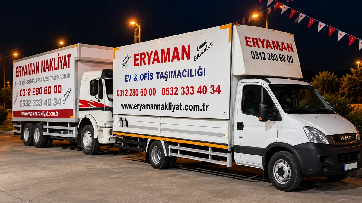 Gece çekiminde yan yana duran, üzerlerinde Eryaman Nakliyat adı ve iletişim bilgileri bulunan iki kamyonumuz