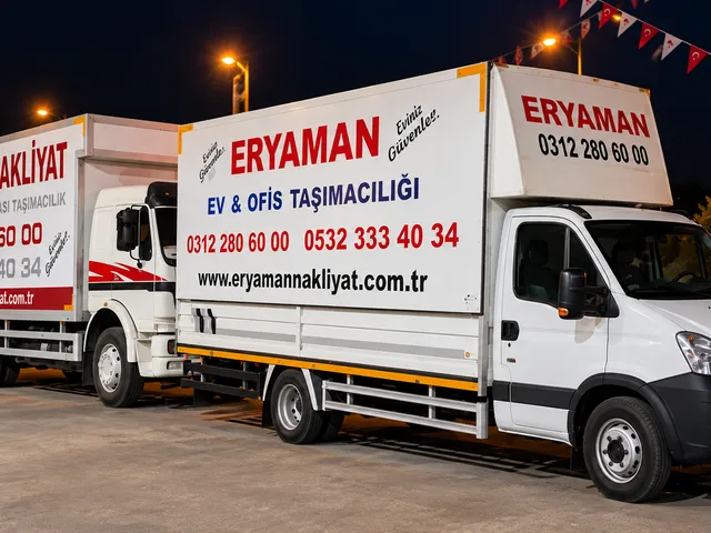Üzerinde "EV & OFİS TAŞIMACILIĞI" yazan iki kamyonun gece görünümü