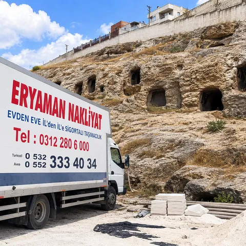 Kayalara oyulmuş yapıların önünde duran Eryaman Nakliyat kamyonu